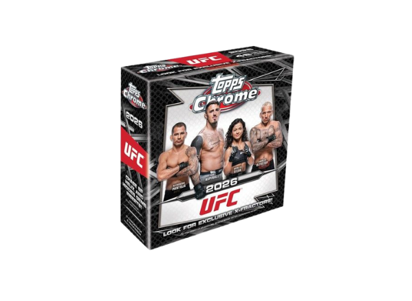 2026 Topps Chrome UFC Booster Box mit UFC-Kämpfern wie Tom Aspinall, Alexandre Pantoja, Natalia Silva und Charles Oliveira