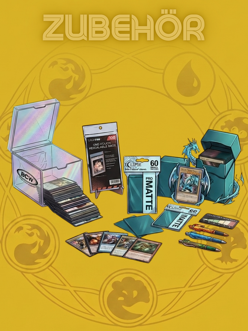Kategorie-Banner für Sammelkarten-Zubehör mit Deckboxen, Kartenhüllen, BCW-Aufbewahrungsbox und Würfeln auf gelbem Hintergrund